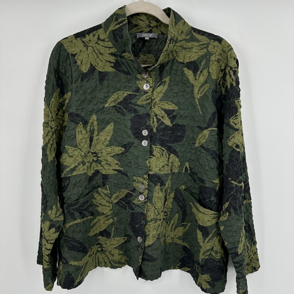 Habitat Clothes To Live In Jacket Womens Medium Green Floral Crinkle Pockets - Picture 1 of 9